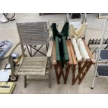 A TEAK FOLDING GARDEN CHAIR AND TWO TEAK DIRECTORS CHAIRS