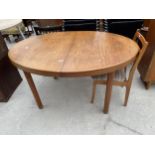 A RETRO TEAK OVAL EXTENDING DINING TABLE COMPLETE WITH EXTRA LEAF AND ONE CHAIR