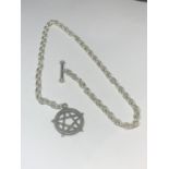 A SILVER WATCH CHAIN WITH A STAR OF DAVID FOB