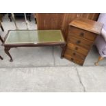 A MAHOGANY COFFEE TABLE WITH GREEN LEATHER TOP AND A PINE CHEST OF FIVE DRAWERS