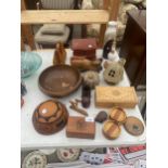 AN ASSORTMENT OF ITEMS TO INCLUDE TREEN BOWLS, TREEN JEWELLERY BOXES AND CERAMIC VASES ETC