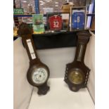 TWO WOODEN CASED BANJO BAROMETERS, GLASS FACES A/F,