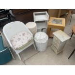 A LLOYD LOOM STYLE CHAIR, TWO LINEN BASKETS, BATHROOM CHEST, WICKER LOCKER AND LAMP TABLE