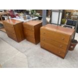 THREE RETRO TEAK SEQUENCE BY HOMECHARM CHESTS OF DRAWERS, TWO - 29.5" WIDE, ONE - 20"