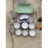 AN ASSORTMENT OF ENAMEL MEDICAL DISHES AND MEDICAL SCISSORS ETC