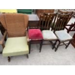 AN EARLY 20TH CENTURY STOOL, TWO OAK DINING CHAIRS AND A PARKER KNOLL STYLE ROCKING CHAIR