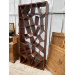 A MODERN HARDWOOD CRAZY GEOMETRIC OPEN BOOKCASE, 39" WIDE, 12.5" DEEP AND 87" HIGH