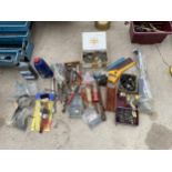 AN ASSORTMENT OF TOOLS AND HARDWARE TO INCLUDE FILES, SAWS AND FUSES ETC