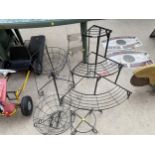 AN ASSORTMENT OF GARDEN ITEMS TO INCLUDE A WROUGHT IRON PLANT STAND, THREE TIERD PLANT STAND AND