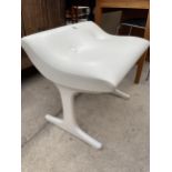 A 1970'S WHITE PAINTED STOOL WITH SLIGHT RAISED BUTTON BACK