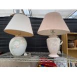 TWO LARGE CERAMIC LAMPS WITH FLORAL DESIGN AND SHADES