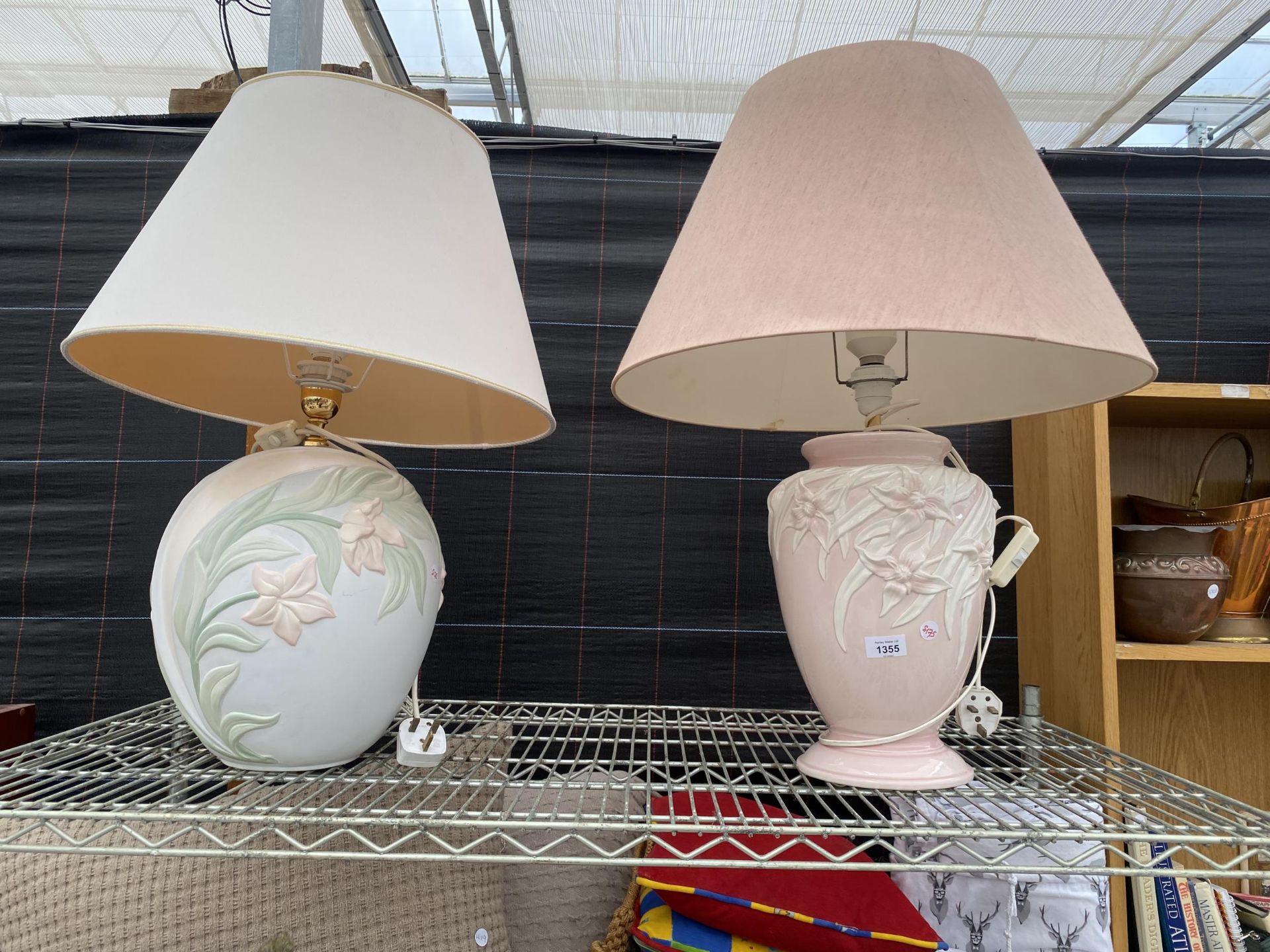 TWO LARGE CERAMIC LAMPS WITH FLORAL DESIGN AND SHADES