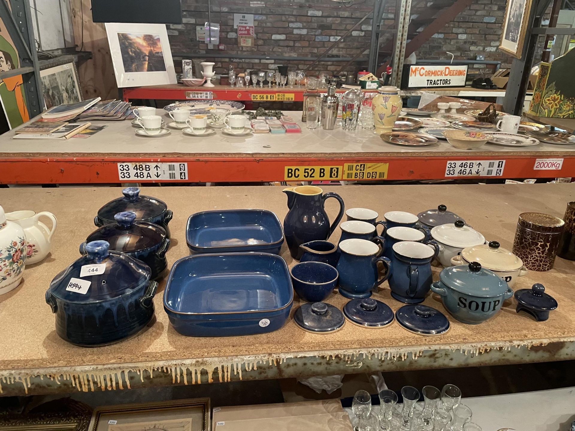 A BLUE COLLECTION TO INCLUDE SOME DENBY MUGS, LIDDED CASSEROLE DISHES , LIDDED SOUP BOWLS ETC