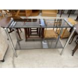 A MODERN TWO TIER CONSOLE TABLE WITH GLASS SHELVES, 41" WIDE