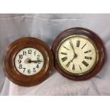 TWO CIRCULAR WOODEN FRAMED WALL CLOCKS