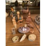 A COLLECTION OF ITEMS TO INCLUDE WOODEN ANIMALS, A FOO DOG, TWO ORIENTAL CARVED FIGURES, A WOODEN
