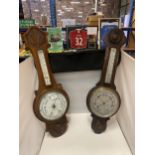 TWO WOODEN CASED BANJO BAROMETERS BOTH WITH BROKEN GLASS FACES WITH LOVELY CARVING TO THE CASE