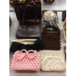 TWO LEATHER HANDBAGS WITH DUST BAGS, AND FIVE EVENING BAGS TO INCLUDE CLUTCH BAGS AND BEADED