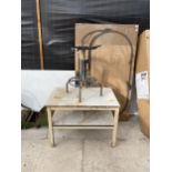 A WOODEN BOARD WITH ATTATCHED TRAIN TRACK, A WOODEN TABLE AND A VINTAGE STOOL FRAME