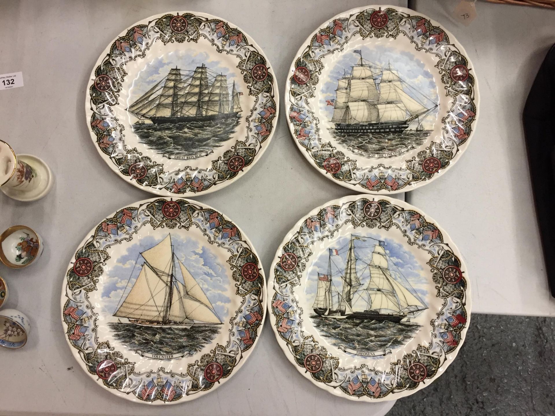 FOUR CHURCHILL CABINET PLATES DEPICTING THE SHIPS THEOXENA, US SHIP OF THE LINE OHIO, GREAT REPUBLIC