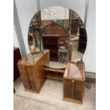 AN ART DECO WALNUT DRESSING TABLE ENCLOSING THREE DRAWERS AND DOUBLE OPENING SIDE CABINET, BEARING