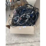 A LARGE ASSORTMENT OF COMPUTER AND ELECTRICAL CABLES TO INCLUDE MICE AND ERTHERNET CABLES ETC