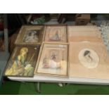 A COLLECTION OF FOUR FRAMED PICTURES OF LADIES IN PERIOD DRESS AND FIVE UNFRAMED CRCA 1920