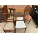 A PAIR OF EDWARDIAN BEDROOM CHAIRS AND THREE OTHER CHAIRS