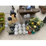 AN ASSORTMENT OF CANDLE HOLDERS, LIGHTS AND LAMPS ETC