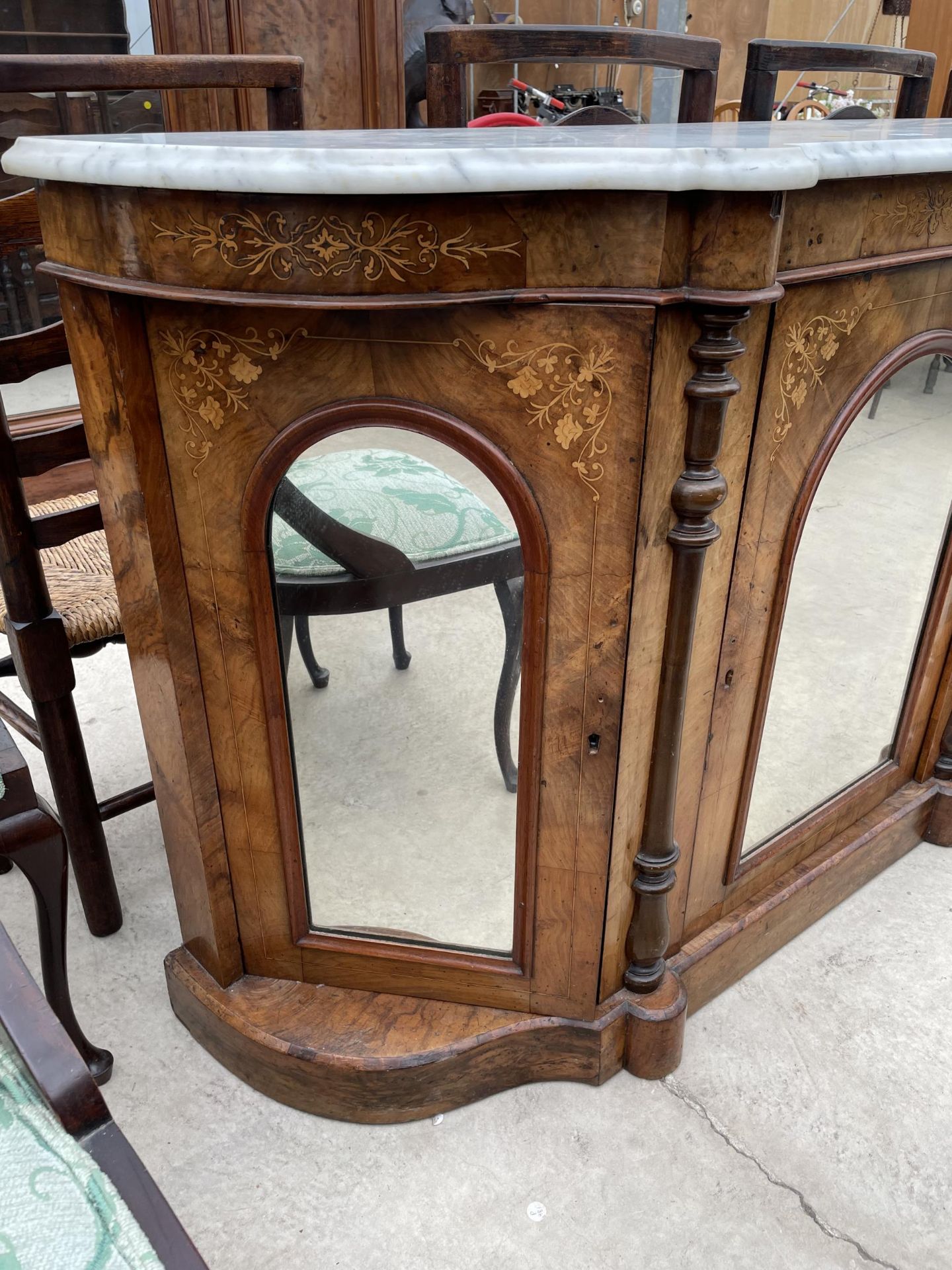 A VICTORIAN WALNUT AND INLAID CREDENZA WITH FOUR ARCHED MIRRORED DOORS AND MARBLE TOP, 54" WIDE - Image 2 of 4