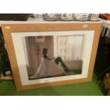 A LARGE FRAMED JACK VETTRIANO - PORTLAND GALLERY PRINT DEPICTING A THOUGHTFUL LADY SIZE 93CM X 72CM