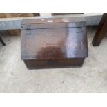 A GEORGIAN OAK TABLE TOP BIBLE BOX WITH METAL HINGES, LOCK AND NAILS, 19" WIDE, WITH FALL FRONT