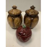 THREE SYLVAC LIDDED JARS TO INCLUDE TWO WITH BIRD DESIGN AND A BEETROOT