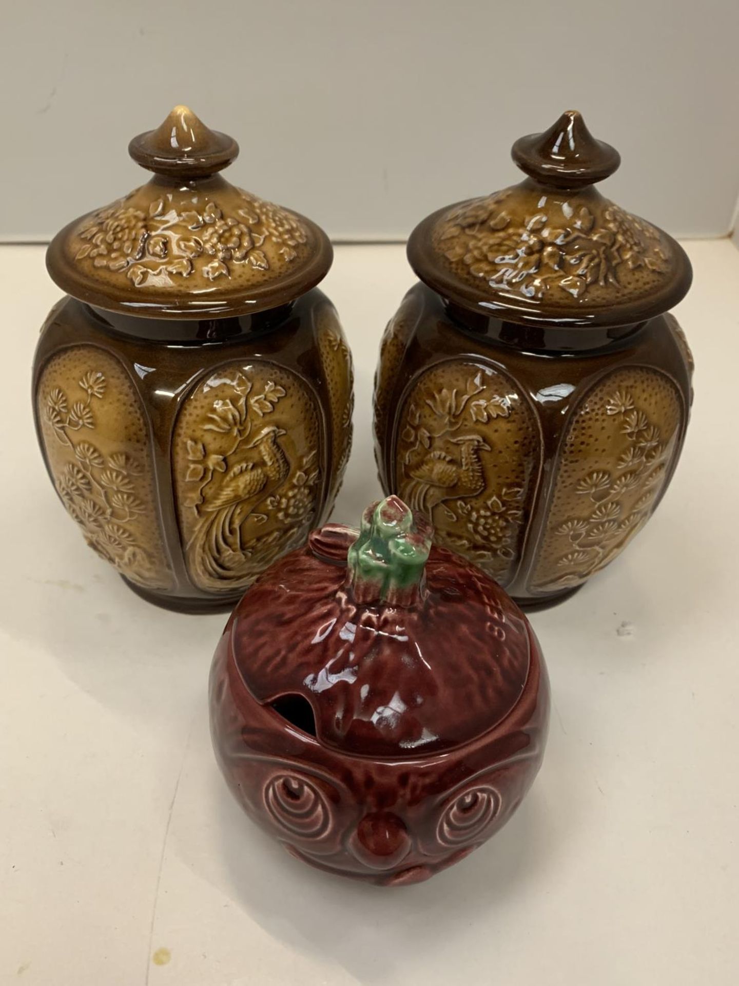 THREE SYLVAC LIDDED JARS TO INCLUDE TWO WITH BIRD DESIGN AND A BEETROOT