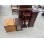 A SMALL DROP-LEAF TABLE, JARDINIER STAND, NARROW CABINET AND PINE BOX