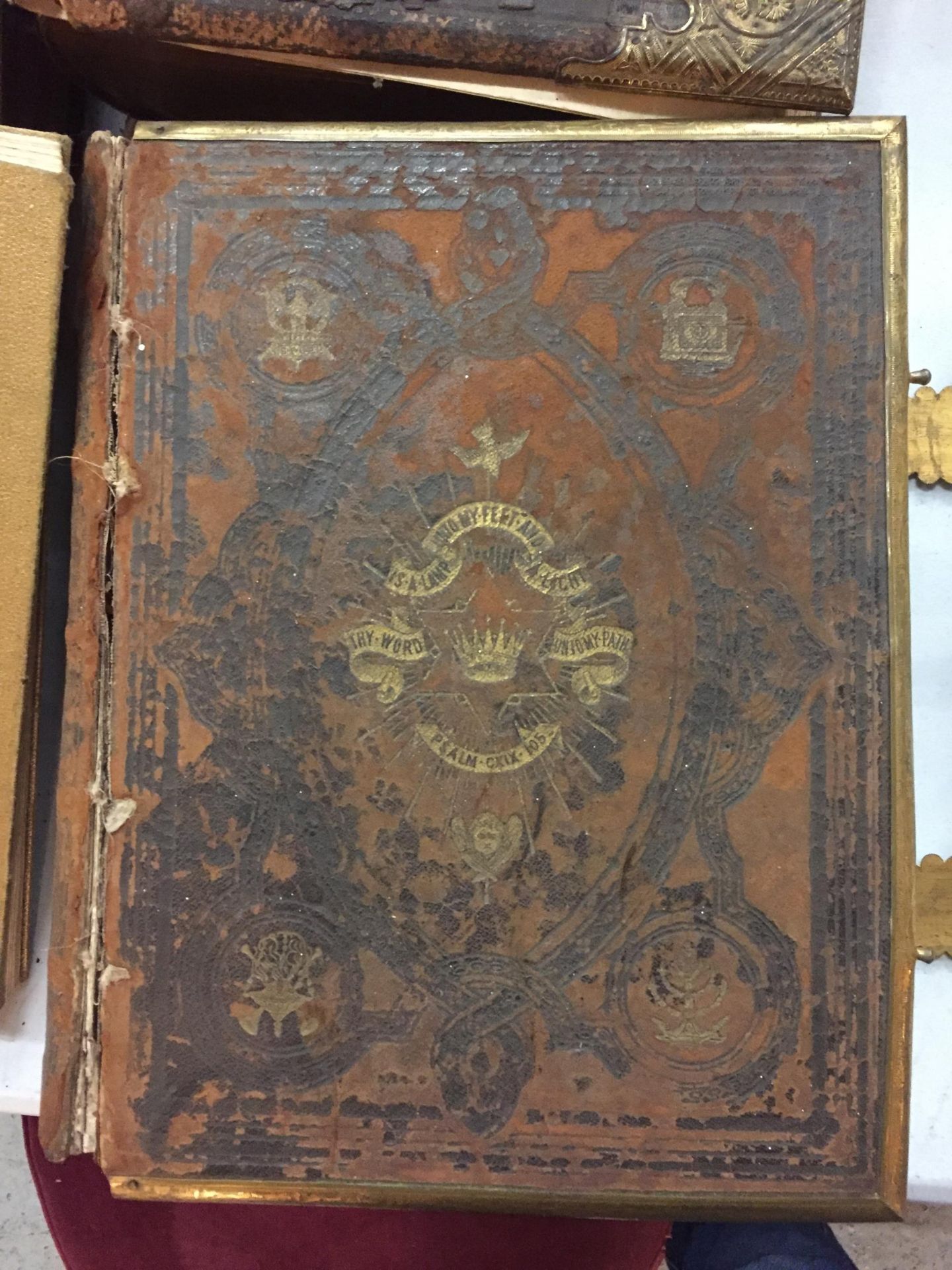 A COLLECTION OF FIVE BOOKS TO INCLUDE TWO LARGE BRASS BOUND OLD LEATHER BIBLES, VOLUMES 1 & 2 OF - Image 2 of 5