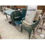 A PLASTIC ALLIBERT GARDEN FURNITURE SET WITH TABLE, FOUR STACKING CHAIRS AND TWO FOLDING CHAIRS,
