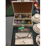 A QUANTITY OF COSTUME JEWELLERY TO INCLUDE NECKLACES, EARRINGS, SOME BOXES ALSO INCLUDES A JEWELLERY