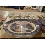 A COLLECTION OF CERAMICS TO INCLUDE A LARGE BLUE AND WHITE MEAT PLATE, ROYAL DOULTON RONDALAY CUPS