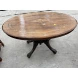 AN OVAL VICTORIAN WALNUT AND INLAID LOO TABLE ON QUATREFOIL BASE, 45 X 33"