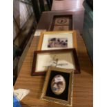TWO FRAMED PICTURES, A BONE CHINA PLAQUE AND A FRAMED CLOCK