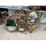 THREE VARIOUS DECORATIVE GILT FRAMED MIRRORS