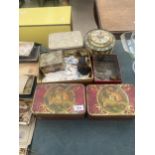 AN ASSORTMENT OF VINTAGE TINS TO INCLUDE OLD ONE PENNY COINS AND VARIOUS CARDS ETC