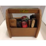 A KIWI GROOMER SHOE SHINE BOX CONTAINING BRUSHES ETC