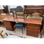 A MODERN TWIN PEDESTAL DRESSING TABLE WITH TRIPLE MIRROR AND STOOL, 72" WIDE