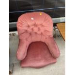 A VICTORIAN STYLE BUTTON-BACK CHAIR (LACKING LEGS)