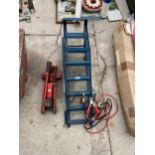AN ASSORTMENT OF ITEMS TO INCLUDE A TROLLEY JACK, CAR RAMPS AND JUMP LEADS