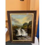 A LARGE FRAMED PAINTING OF A WATERFALL SCENE SIGNED B LIGHTFOOT SIZE 73CM X 94CM