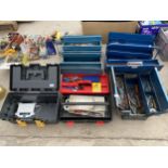 AN ASSORTMENT OF TOOL BOXES TO INCLUDE BOTH METAL AND PLASTIC AND AN ASSORTMENT OF TOOLS ETC