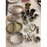 A QUANTITY OF SILVER PLATE, PEWTER ETC TO INCLUDE A MAPPIN AND WEBB EXAMPLE